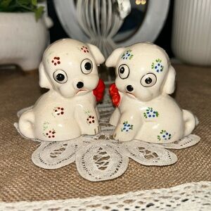 Vintage Sad Dogs Salt & Pepper Shakers - Hand Painted Floral Polka Dot Japan MCM